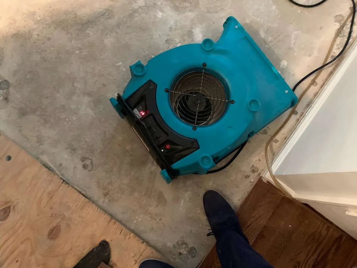 Air mover drying subfloor during Leak Detection & Repair in Chester
